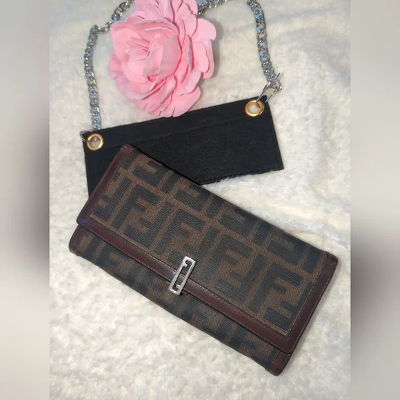 Fendi Authentic Zucca Brown Monogram Wallet Or Shoulder Bag with Silver Chain - Picture 8 of 10